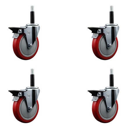 Service Caster 5'' Red Poly Swivel 3/4'' Expanding Stem Caster Set with Brake, 4PK SCC-EX20S514-PPUB-RED-PLB-34-4